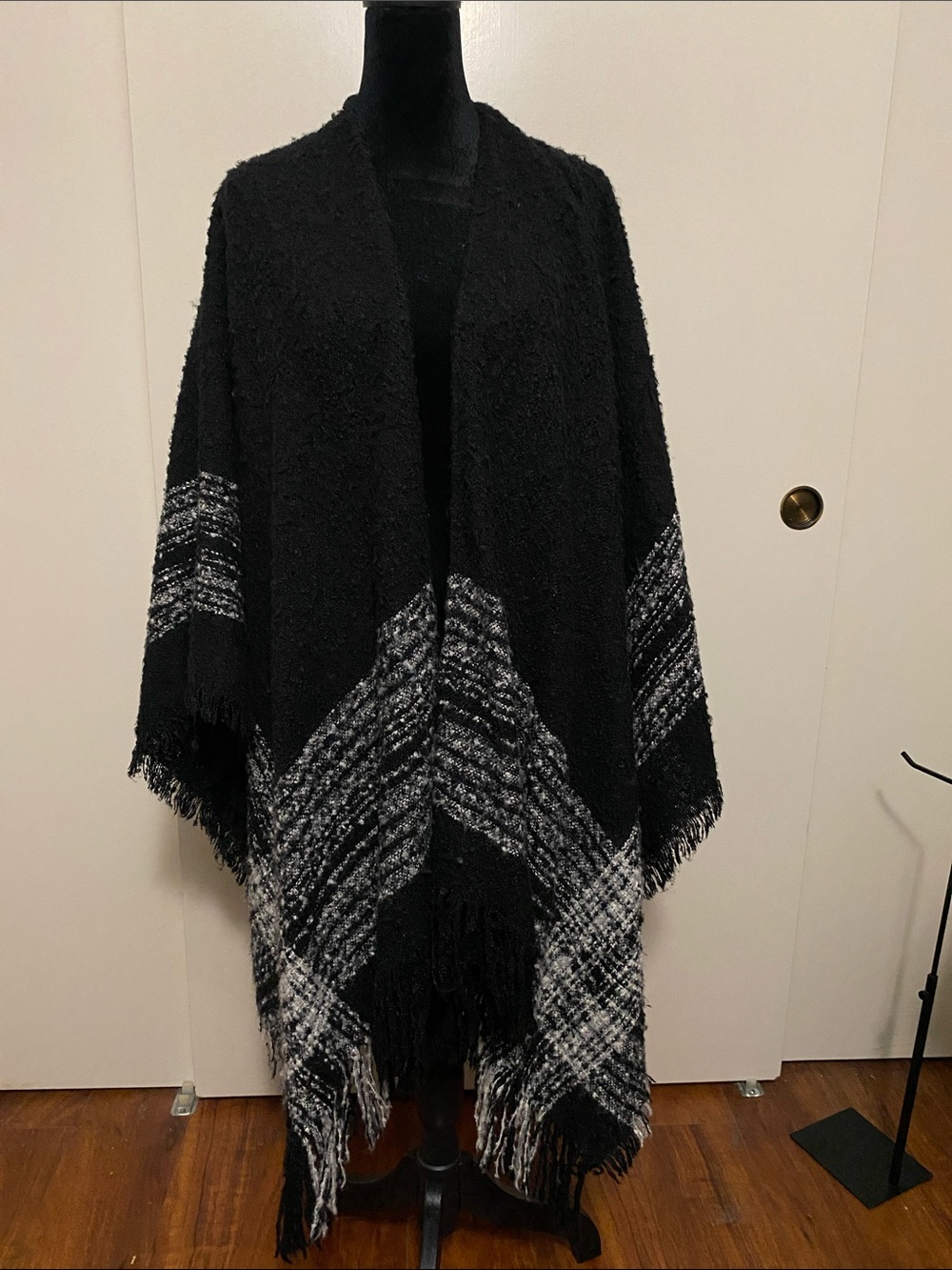 Cost Plus World Market Black and Gray Fringe Open Poncho